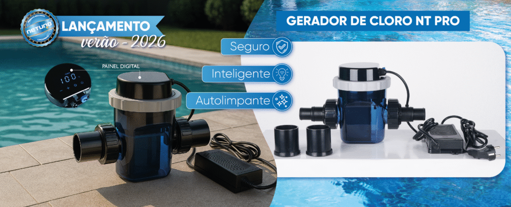 Imagem promocional do lançamento verão 2026 do Gerador de Cloro NT PRO da Netuno. O equipamento aparece ao lado de uma piscina, com destaque para seu painel digital e seu corpo transparente em azul. À direita da imagem, há uma lista destacando as qualidades: “Seguro”, “Inteligente” e “Autolimpante”, cada uma acompanhada de um ícone ilustrativo. A composição tem tons de azul e branco, reforçando a ideia de tecnologia, limpeza e água cristalina.